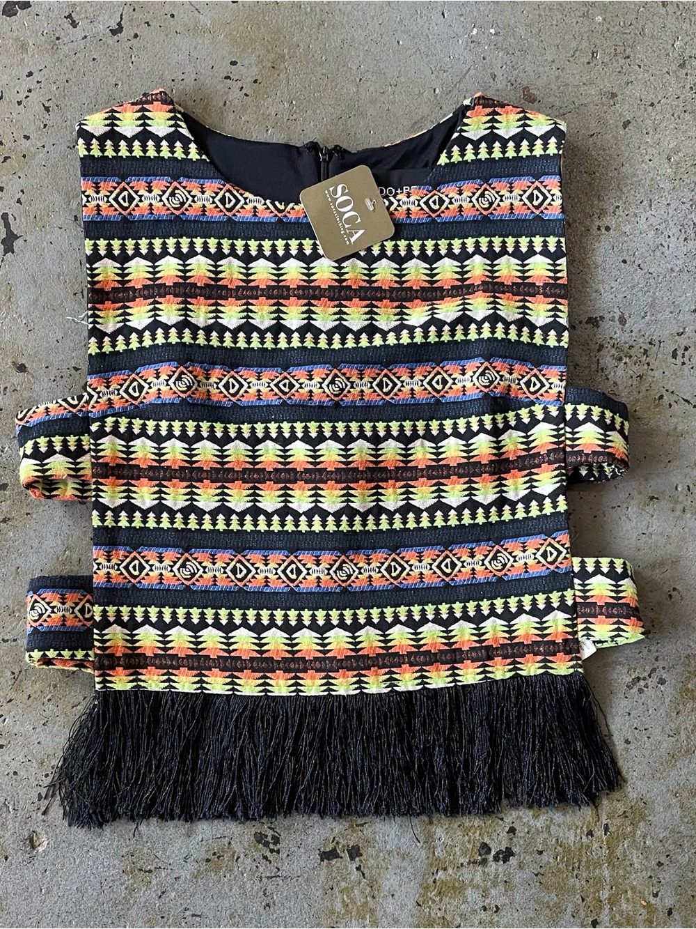 DO+BE NWT Tribal Black Fringe Top with Neon Pattern and Side Cutouts Size M